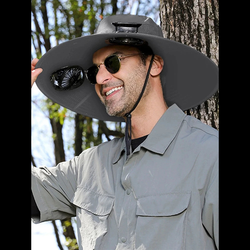 Solar-Powered Wide Brim Cooling Hat - Detachable Fan & UPF 50+ Sun Protection for Hiking, Fishing, Gardening | Rechargeable Summer Outdoor Essential