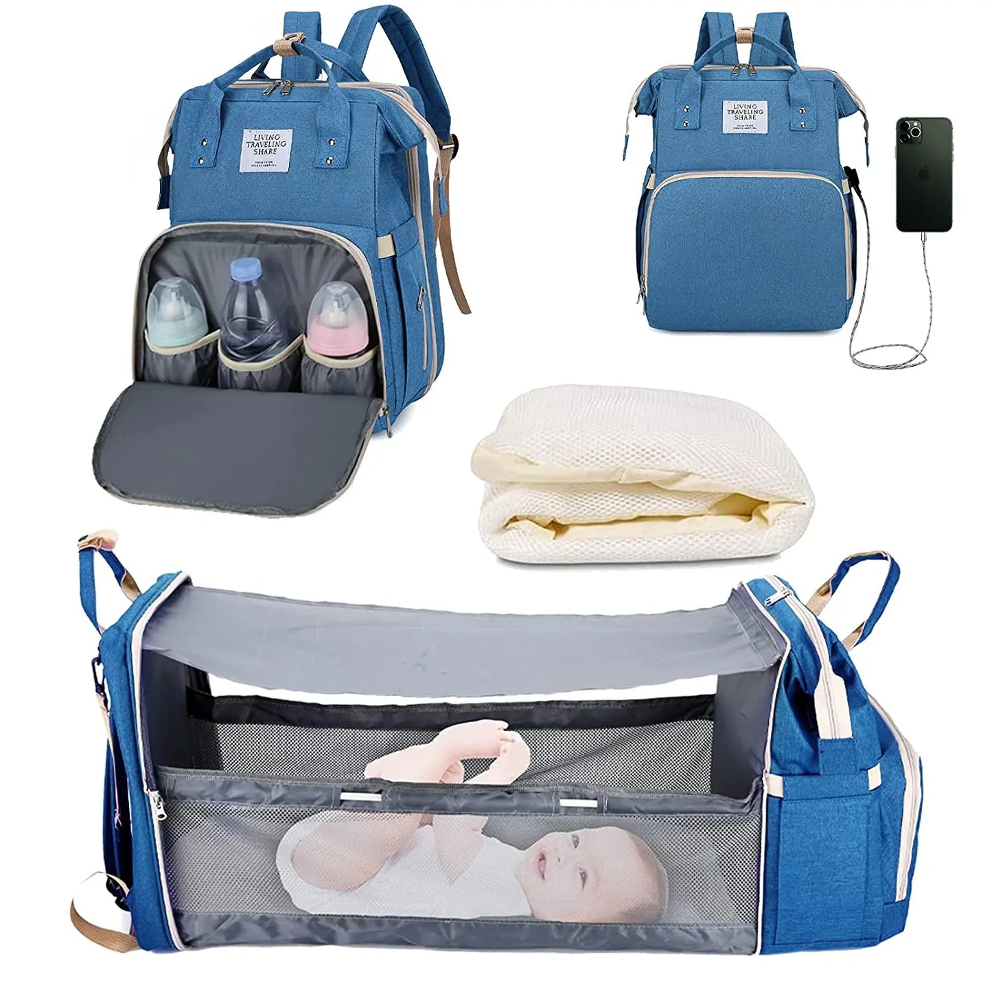 3-in-1 Diaper Bag Backpack with Foldable Baby Bed & USB Port – Waterproof, Spacious & Perfect for Travel