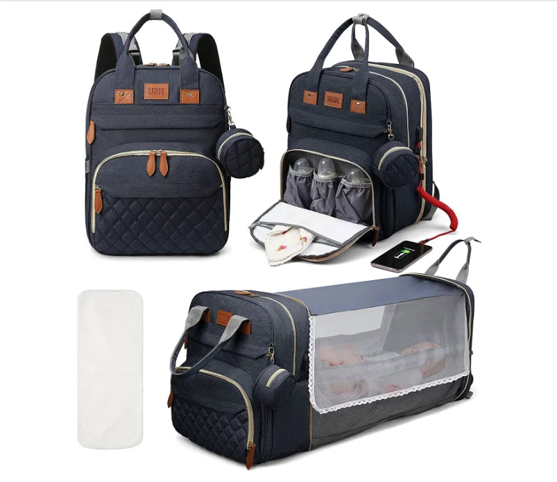 3-in-1 Diaper Bag Backpack with Foldable Baby Bed & USB Port – Waterproof, Spacious & Perfect for Travel