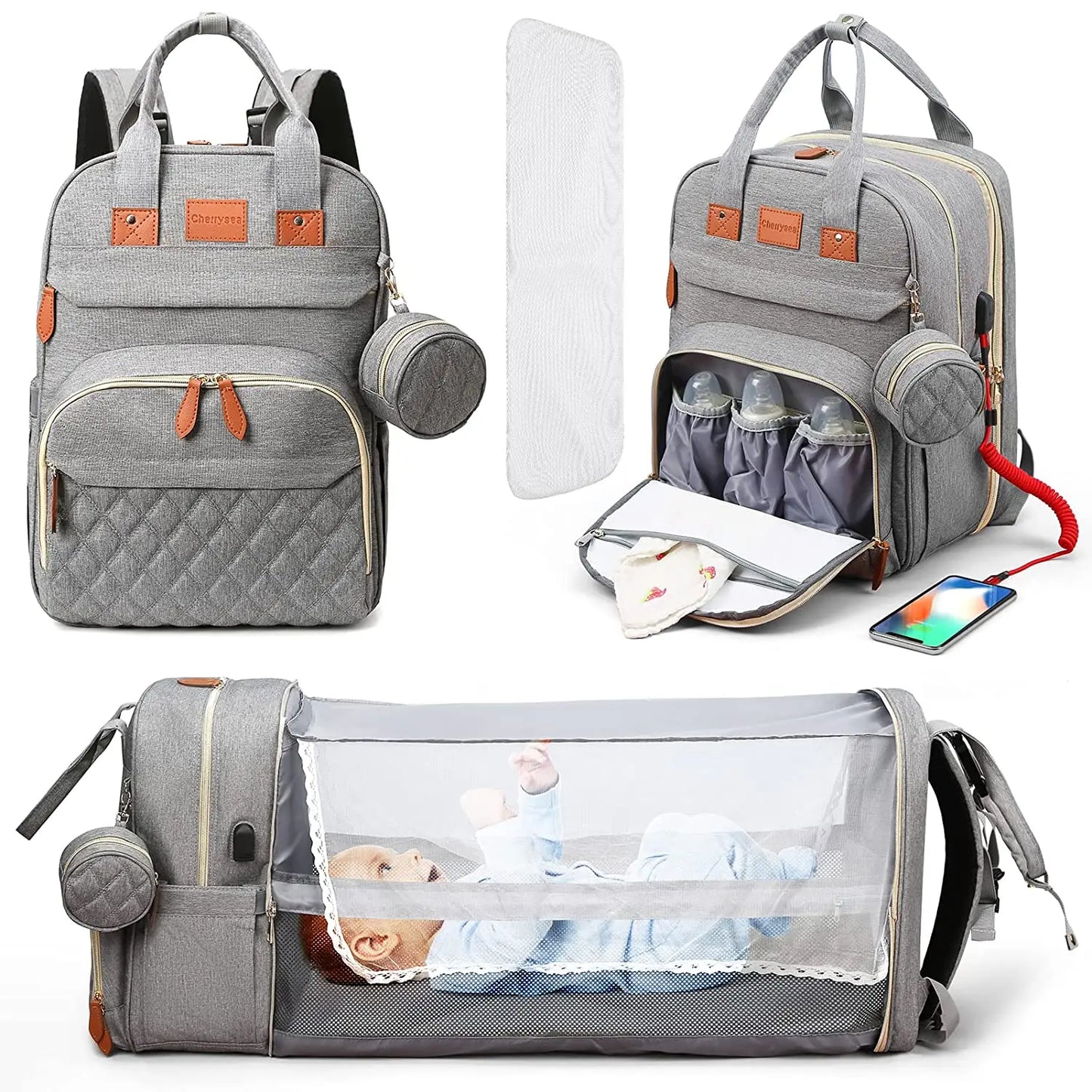 3-in-1 Diaper Bag Backpack with Foldable Baby Bed & USB Port – Waterproof, Spacious & Perfect for Travel