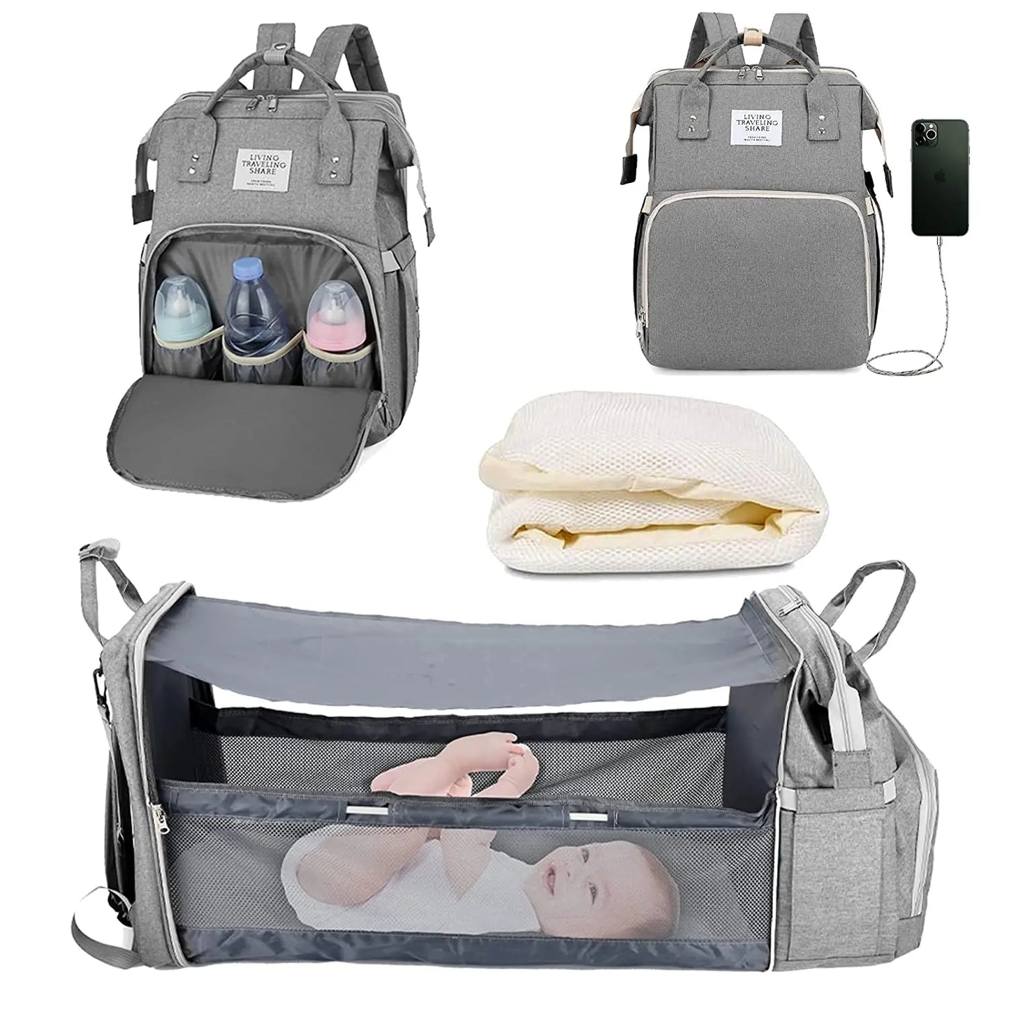 3-in-1 Diaper Bag Backpack with Foldable Baby Bed & USB Port – Waterproof, Spacious & Perfect for Travel