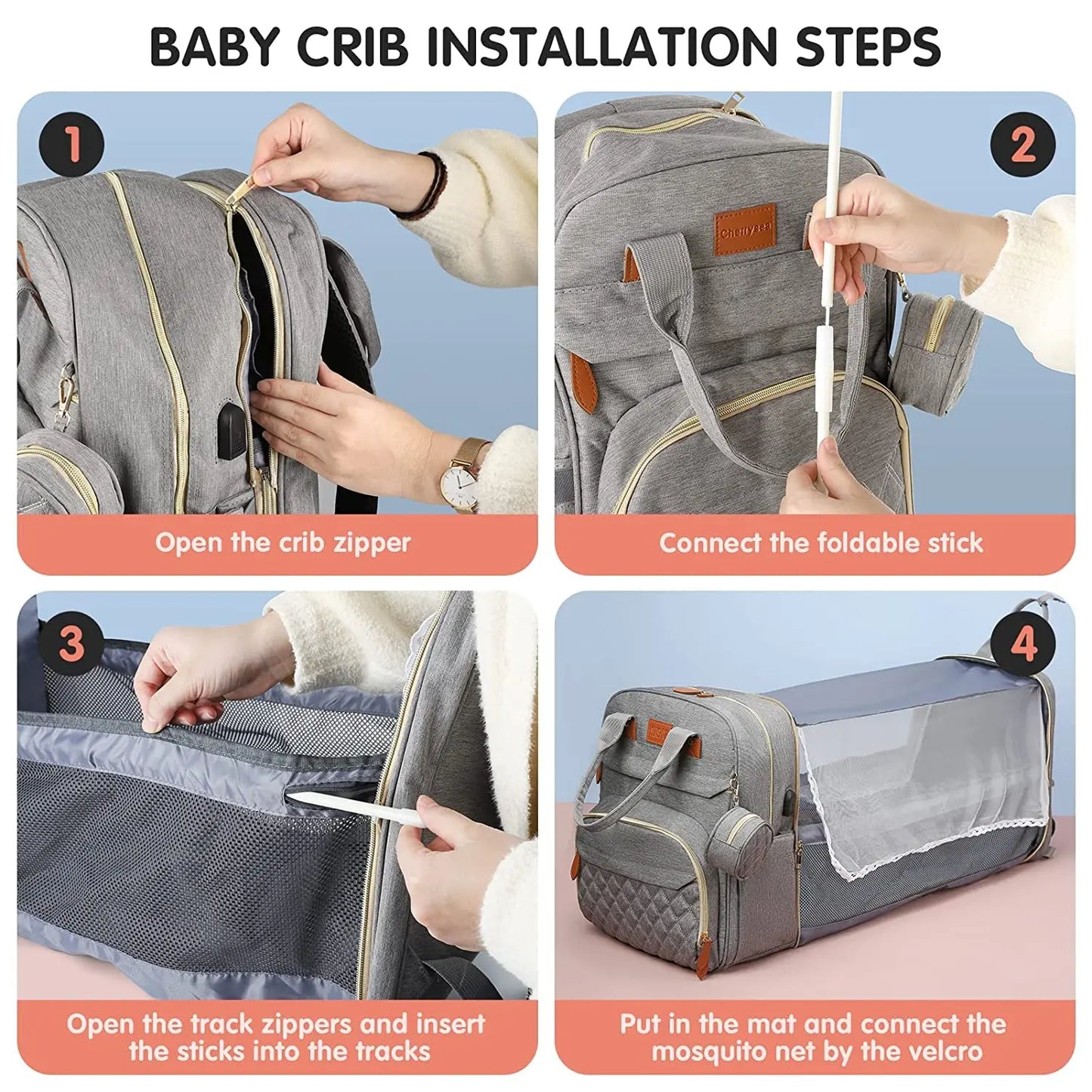 3-in-1 Diaper Bag Backpack with Foldable Baby Bed & USB Port – Waterproof, Spacious & Perfect for Travel