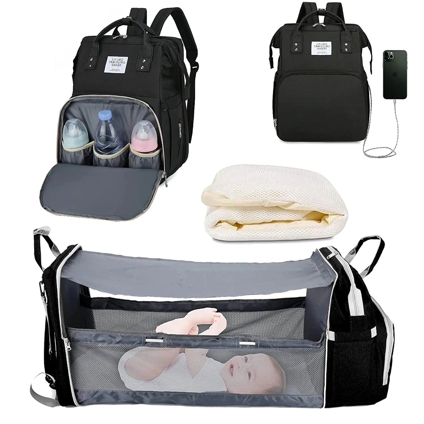 3-in-1 Diaper Bag Backpack with Foldable Baby Bed & USB Port – Waterproof, Spacious & Perfect for Travel