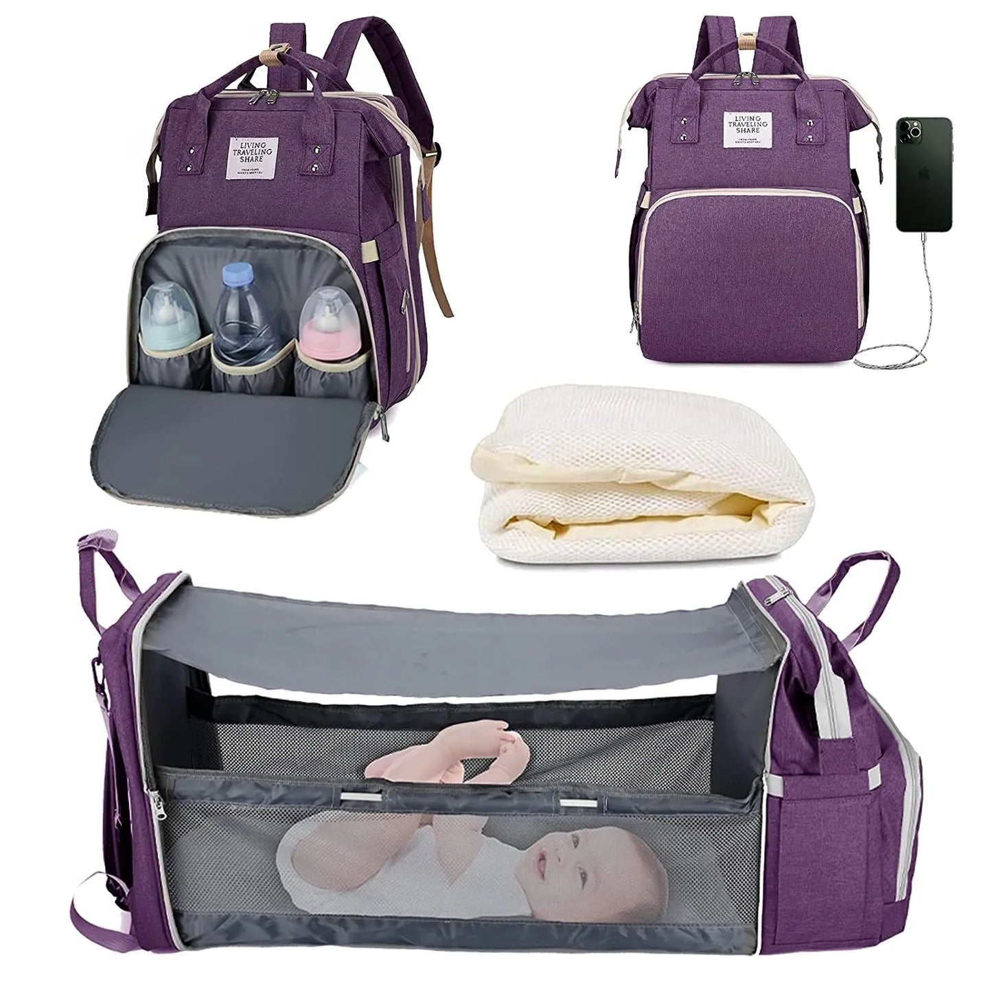 3-in-1 Diaper Bag Backpack with Foldable Baby Bed & USB Port – Waterproof, Spacious & Perfect for Travel