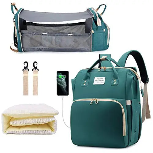 3-in-1 Diaper Bag Backpack with Foldable Baby Bed & USB Port – Waterproof, Spacious & Perfect for Travel
