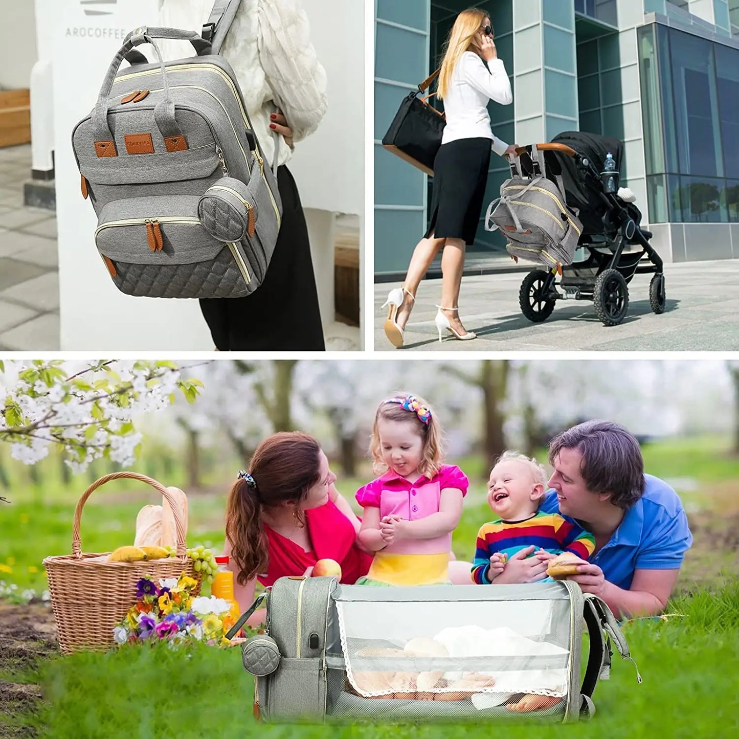 3-in-1 Diaper Bag Backpack with Foldable Baby Bed & USB Port – Waterproof, Spacious & Perfect for Travel