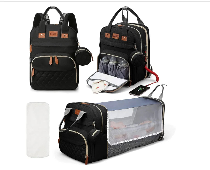 3-in-1 Diaper Bag Backpack with Foldable Baby Bed & USB Port – Waterproof, Spacious & Perfect for Travel