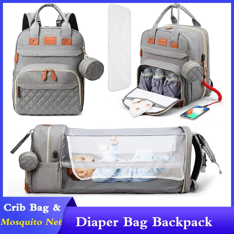 3-in-1 Diaper Bag Backpack with Foldable Baby Bed & USB Port – Waterproof, Spacious & Perfect for Travel