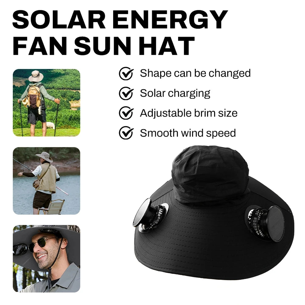 Solar-Powered Wide Brim Cooling Hat - Detachable Fan & UPF 50+ Sun Protection for Hiking, Fishing, Gardening | Rechargeable Summer Outdoor Essential