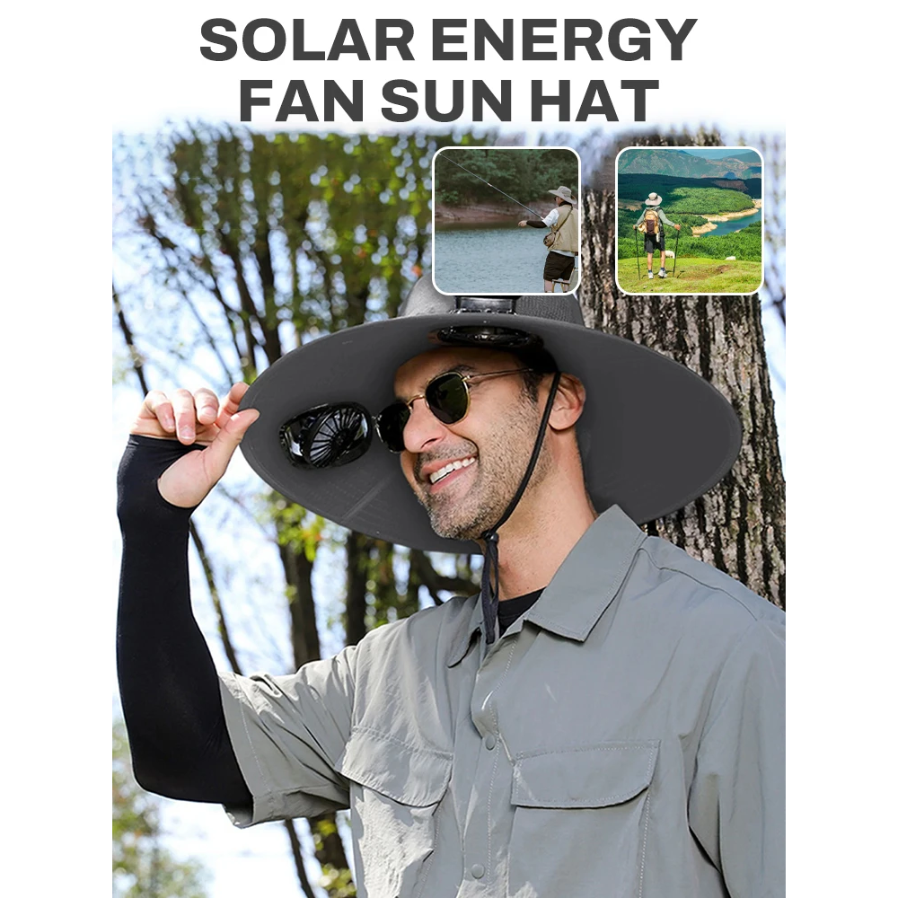 Solar-Powered Wide Brim Cooling Hat - Detachable Fan & UPF 50+ Sun Protection for Hiking, Fishing, Gardening | Rechargeable Summer Outdoor Essential