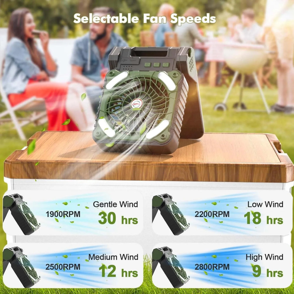 Portable Solar Camping Fan with LED Lantern – 10000mAh Rechargeable Battery, 4-Speed Adjustable, Outdoor Cooling & Lighting Combo