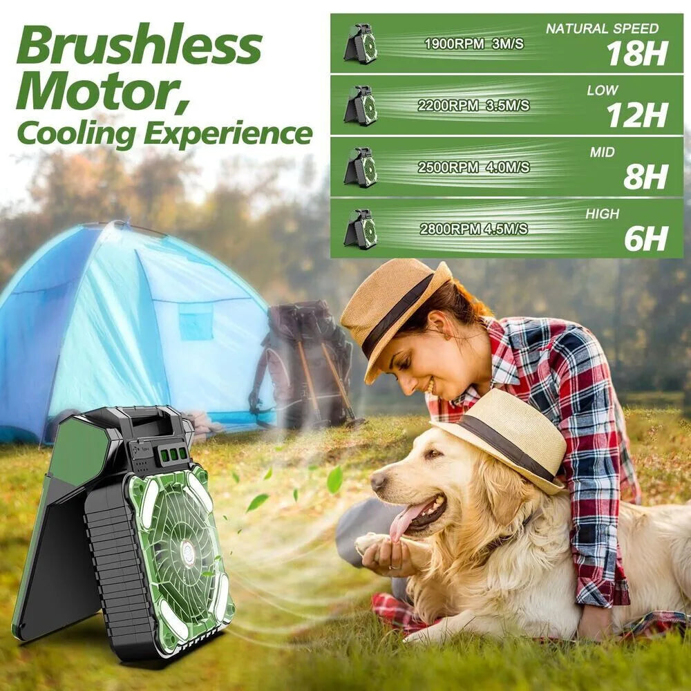 Portable Solar Camping Fan with LED Lantern – 10000mAh Rechargeable Battery, 4-Speed Adjustable, Outdoor Cooling & Lighting Combo