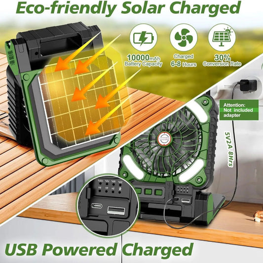 Portable Solar Camping Fan with LED Lantern – 10000mAh Rechargeable Battery, 4-Speed Adjustable, Outdoor Cooling & Lighting Combo