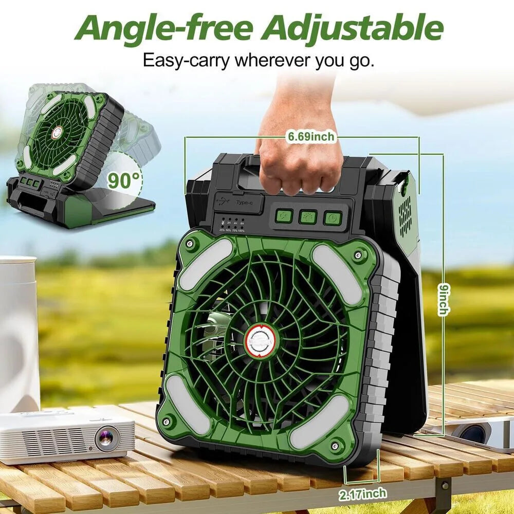 Portable Solar Camping Fan with LED Lantern – 10000mAh Rechargeable Battery, 4-Speed Adjustable, Outdoor Cooling & Lighting Combo