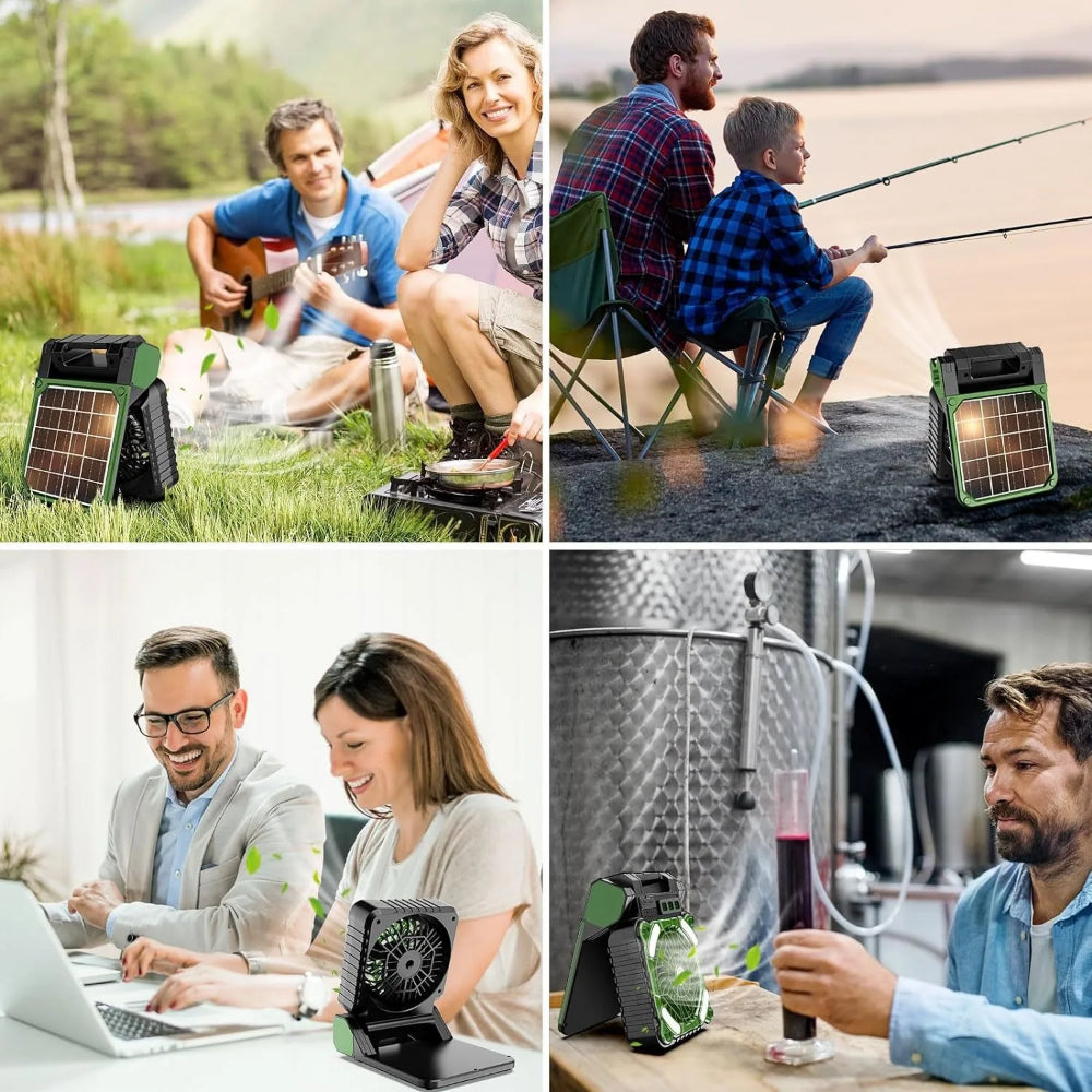 Portable Solar Camping Fan with LED Lantern – 10000mAh Rechargeable Battery, 4-Speed Adjustable, Outdoor Cooling & Lighting Combo