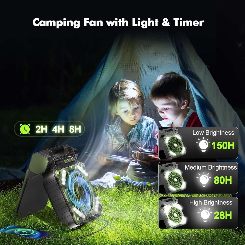 Portable Solar Camping Fan with LED Lantern – 10000mAh Rechargeable Battery, 4-Speed Adjustable, Outdoor Cooling & Lighting Combo