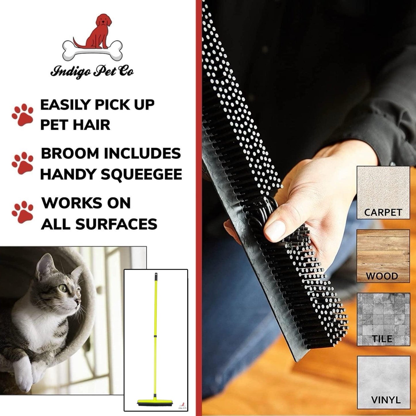 Pet Hair Removal Broom – Multi-Surface Rubber Broom with Squeegee
