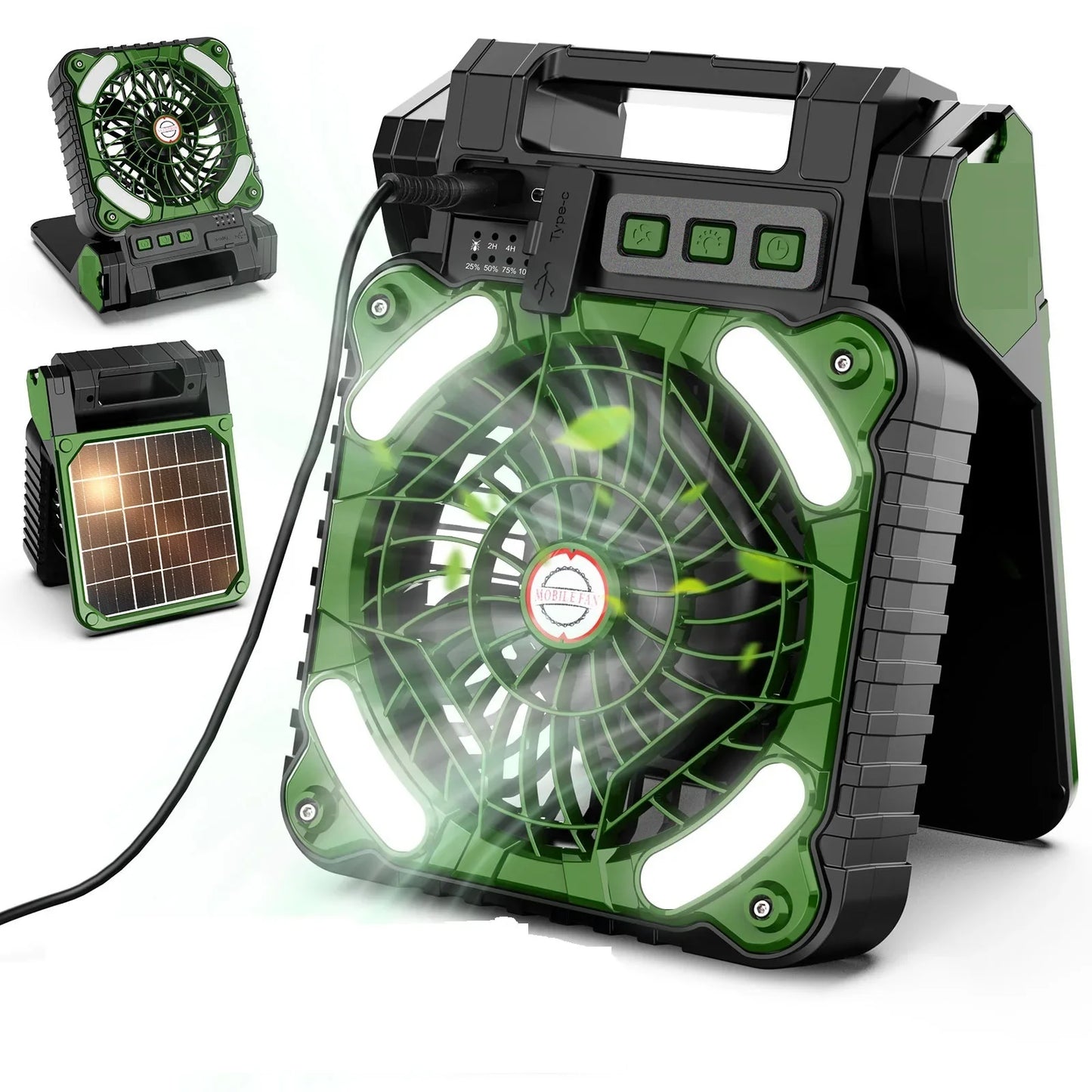 Portable Solar Camping Fan with LED Lantern – 10000mAh Rechargeable Battery, 4-Speed Adjustable, Outdoor Cooling & Lighting Combo