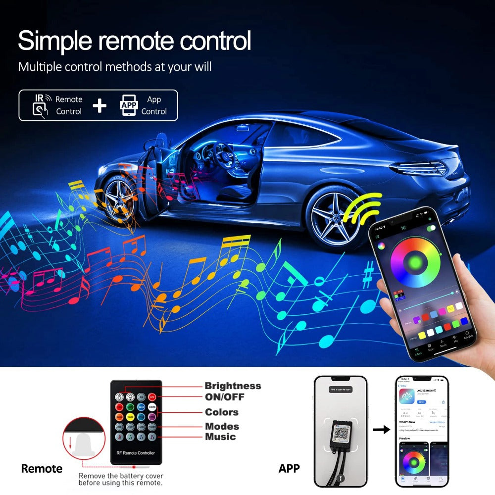 Smart RGB LED Car Interior Light Kit – 16M Colors, Music Sync, App-Controlled Ambient Glow
